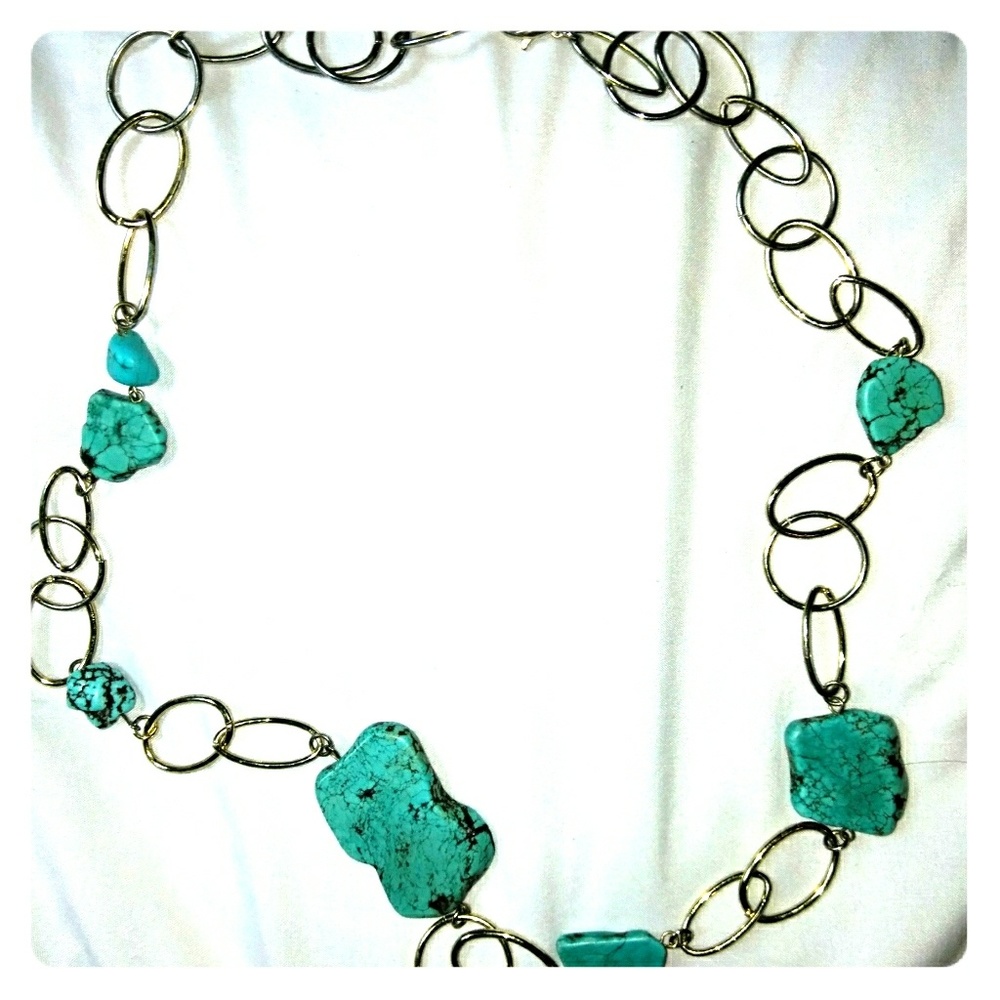 Turquoise Stone & Gold Long Necklace